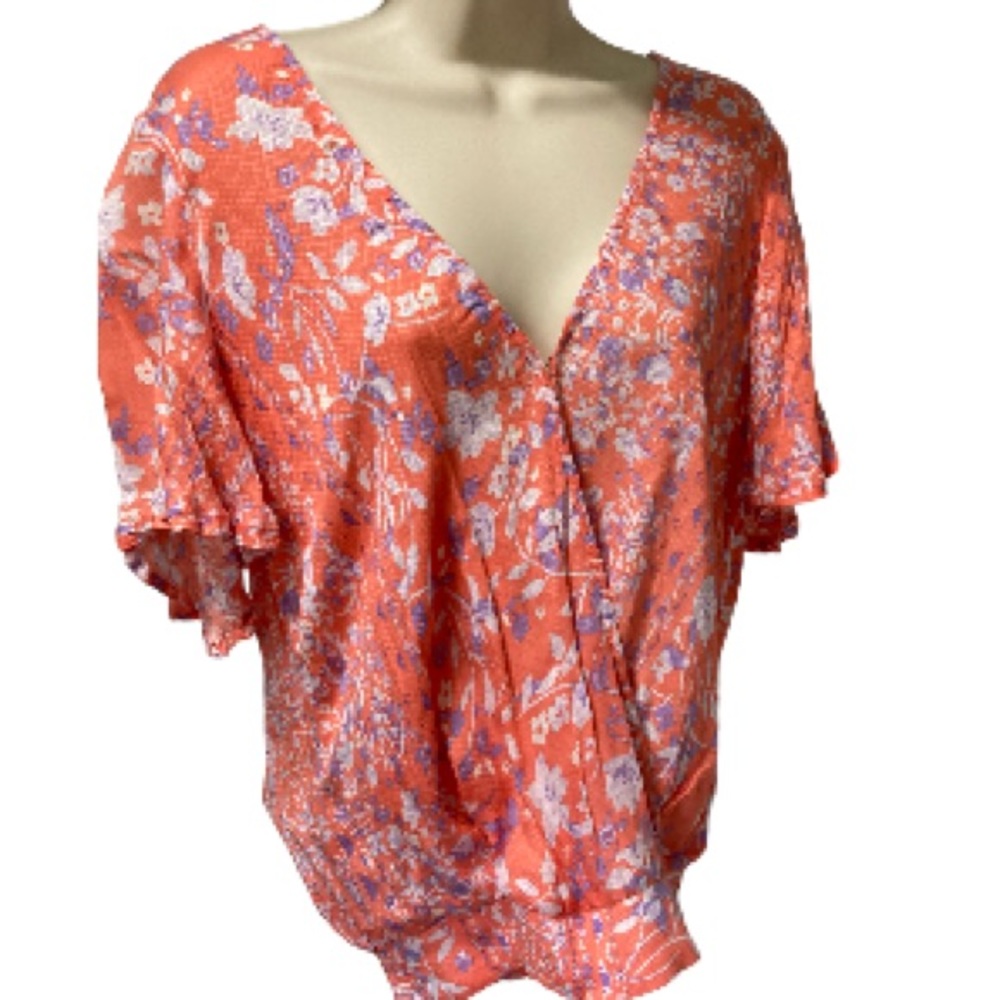 LOVESTITCH Floral Font & Back V-neck Blouse Elastic Waistband Women's Small
